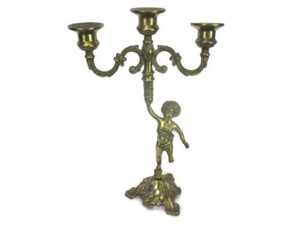 Vintage Embossed Brass Ornate Romantic Candle Holder Candelabra 3 arm Putti Cherub