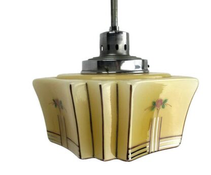 Skyscraper Art Deco Opaline cased Glass Light Pendant Shade Molded Opaque Flower