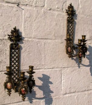 Pair French Brass Wall Sconces Candelabras Victorian Porcelain Limoges Sevres
