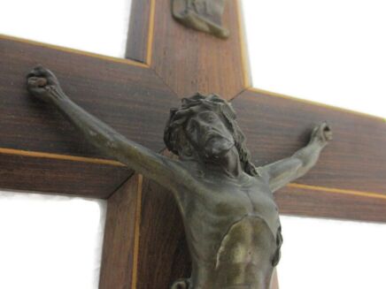 Hanging Ornate Crucifix Cross Wall Wood Inlay Bronze Corpus Lovely Vintage