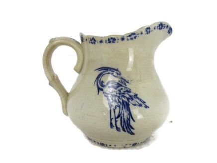 Antique Milk Jar Jug Blue White heron Flowers 1900s Extremely Rare Gorgeous