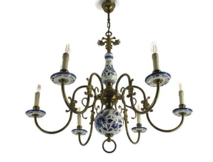 L Dutch Delft Blue White Chandelier Porcelain Ornate Brass 6 Light Arms Gorgeous