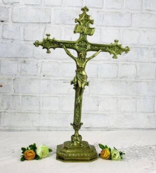 Large Antique Brass Altar Crucifix Christ Cross Fleur de Lis French Gorgeous 21"