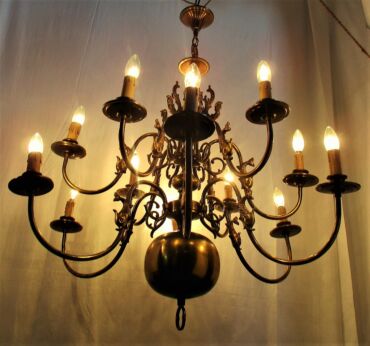 Vintage Flemish ' Dutch ' Double Chandelier 12 Arms Lights Fish Seahorses HTF