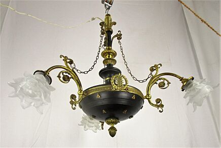 French Empire Pan Chandelier Black Tole 3 arm Lights Hollywood regency 1930s