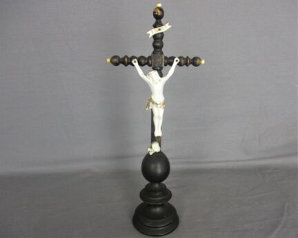 Antique Dark Carved wood Table Standing Crucifix Round Base  Bobbin  Porcelain Andenne Corpus