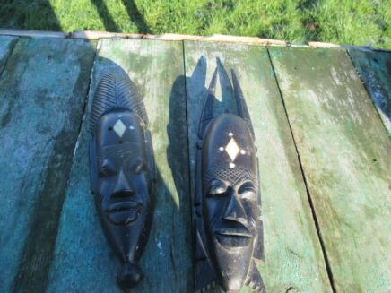 2 old African Masks Hand Made Carved Dark Wood Authentic Tribal African Art
