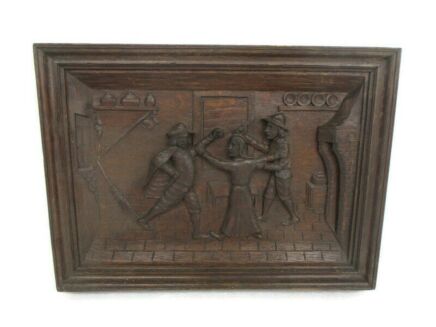 Breughel Scene Festive Hand Carved Wood Wall Panel Bas High Relief Tableaux French Oak Fight