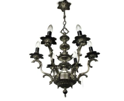 Vintage Chandelier 6 Lights Arms Ornate Spelter Hollywood regency Silver Colored