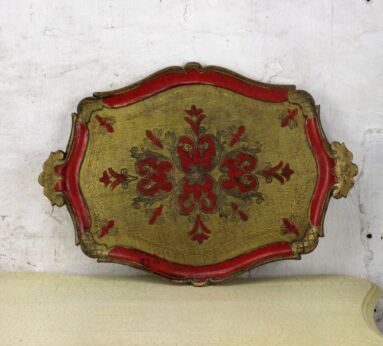 L Italian Mid Century Hollywood Regency Florentine Serving Tray Red Gold Resin