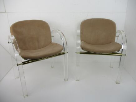 Pair Couple Charles Hollis Jones Lucite Set Chairs MCM Metric Fabric Brass HTF