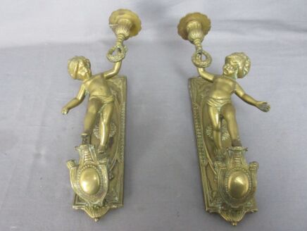 Pair Gorgeous Wall Mounted Sconces Candle Holders Putti Cherub Angels Brass Marked