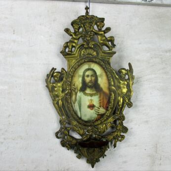 Large Brass Embossed Holy Water Font Angels Picture Frame Christ Wall Hanging