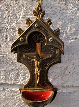 Antique Ornate French Holy Water Font Wall Hanging Brass Jesus Christ Crucifix