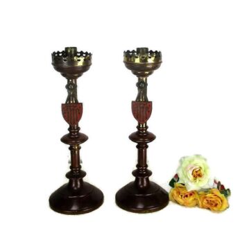 Pair Brass Candle Holders Candlesticks Altar Church Shields Brass Neo Gothic