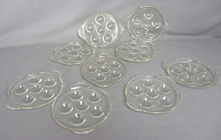 set of 9 French Escargots Snail Plates Dishes Stuffed Mushrooms Pyrex Glass Sedlex