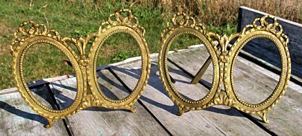 Couple Pair antique Standing Double picture frame gold brass oval Ornate Ormolu