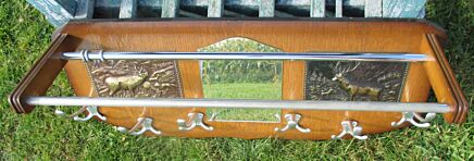 Vintage Wooden Wall Rack Shelf Coat 6 Hooks Mirror Mid Century Deer Brass