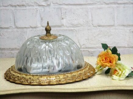 Vintage French Ceiling Lamp Fixture Plafonniere Brass Bubbled Glass 11.81" diam