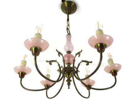 Shipping for Chandelier Hollywood regency Romantic 6 Arm Lights Opaline Glass Pink Brass