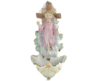 porcelain Bisque Holy Water Font Vessel Infant Jesus  Wall Hanging Antique