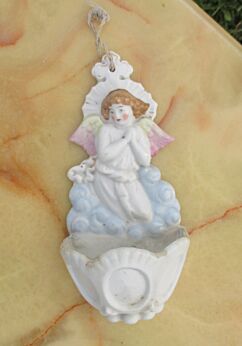 Antique White Holy Water Font Porcelain Angel Church Wall Hanging Vintage