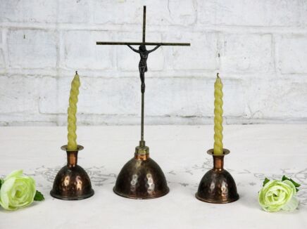 Small Table Altar Set Crucifix 2 candle Holders Red brass Cross Jesus Christ