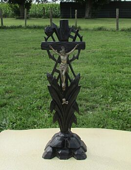 Antique Dark Painted Carved wood Table Crucifix Cross Memento Mori Christ