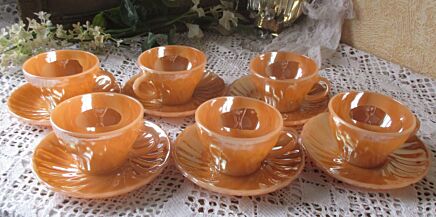 Vintage Anchor Hocking Fire King Peach Luster 6 Cup and Saucers USA Oven Proof