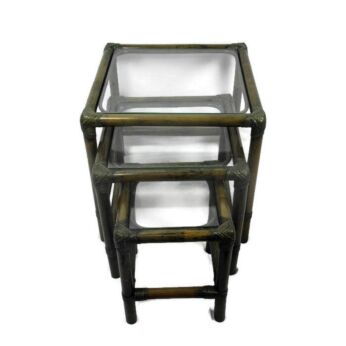 Set of 3 Vintage Nesting Coffee Side Tables Faux Bamboo Rattan Lounge