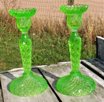 Portieux Vallerysthal Green Depression Uranium Glass Couple Candle Holders