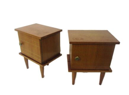 Pair Couple Vintage Tripod Nightstands End tables Mid Century Modern Wood Retro Funky Danish Style