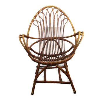 French retro Mid Century Modern Rattan Round Hoop Lounge Chair Rare Vintage HTF