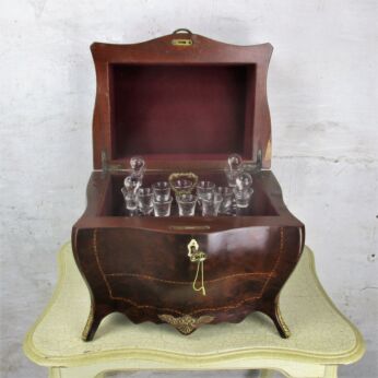 Antique French Tantalus Crystal Set Cave a Liqueur Cabinet Inlay Marquetry Bar