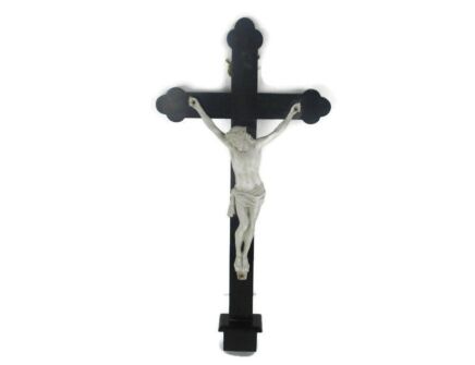 Wooden  French Hanging  Crucifix Bisque Porcelain Ornate Corpus Jesus
