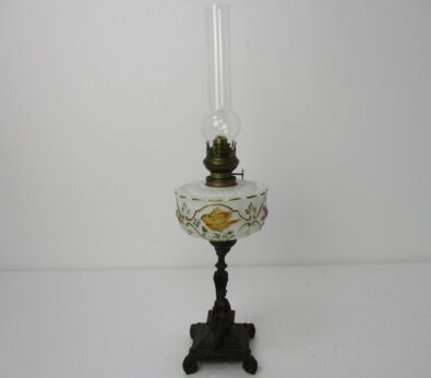antique Opaline Table oil lamp Burner with Glass Chimney Working Hand Painted Birds Spelter Figurine Marked