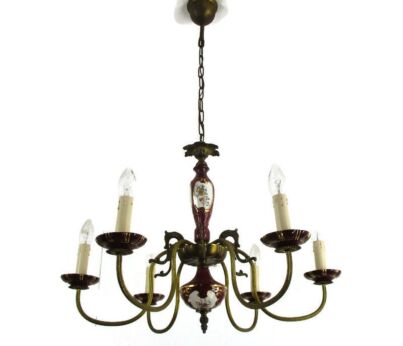 Chandelier 6 Arms Lights Ceramic Porcelain Ceramic Blue Gold Mid Century Italy