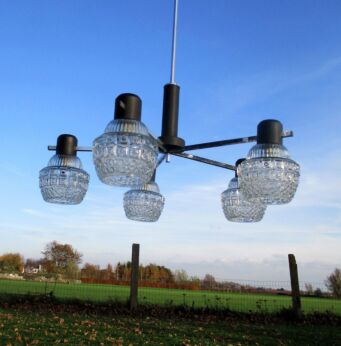 Mid Century Danish Modern Chandelier Chrome Glass Shades Vintage 5 Lights bowls