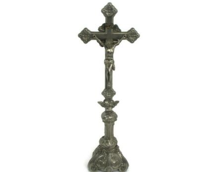 Vintage Standing Crucifix Jesus Christ Cross Ornate Angels at Feet Spelter Beautiful