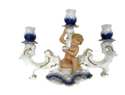 Porcelain Triple Candle Holder Candelabra Putti Angel Cherub Marked Romania Arpo