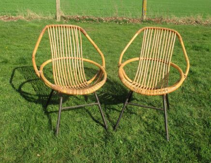 Pair Mid Century Modern Rattan Hoop Chairs Wicker Authentic era Rohé Noordwolde