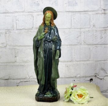 Large Statue Flanders Flemish Pottery Holy Heart Jesus Christ Majolica 15.35"