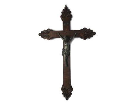 XL Hand Carved Wood Oak Hanging Ornate Crucifix Spelter Corpus Jesus Christ