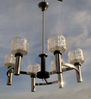 Mid Century Danish Modern Chandelier Chrome Glass Shades Vintage 6 Lights bowls
