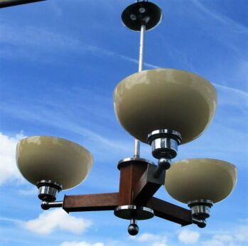 Mid Century Danish Modern teak Chandelier Opal Amber Shades 3 Lights Chrome