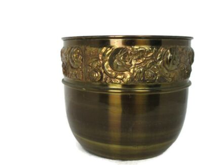 Vintage Brass Planter Jardiniere flower pot Ornate Embossed Beautiful Flower Pattern Barn Style