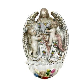 XL Antique French Holy Water Font Porcelain Angel Children Marked Collector HTF