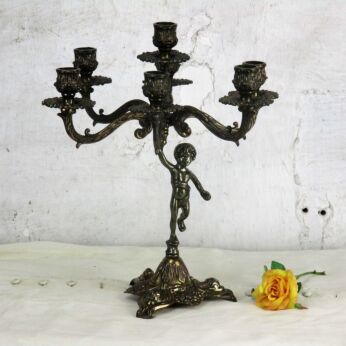 Vintage Gorgeous Embossed Brass Ornate 7 Arm Candle Holder Candelabra Cherub
