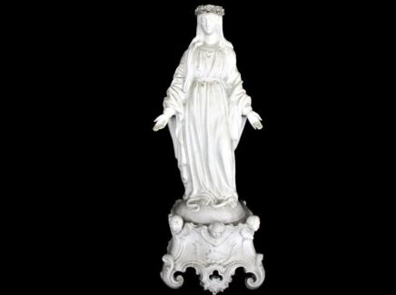 French Antique 1900 Bisque Statue Virgin Mary Our Lady Infant Flower Wreath Crown Open Arms Angels Exquisite 19.68"