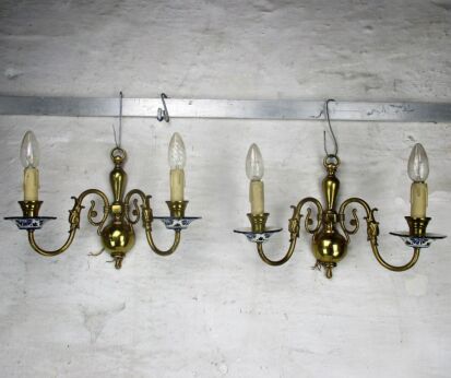 Pair Couple Delft Blue White Vintage Brass Two-Arm Double Wall Sconces Lights